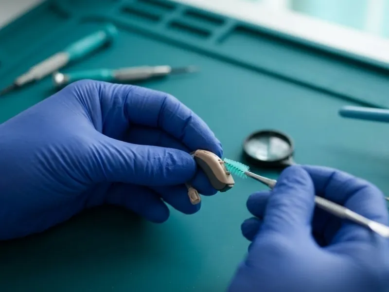Gloved hands fine-tuning a hearing aid with precision tools