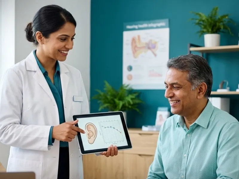 Audiologist explaining hearing test results on a tablet